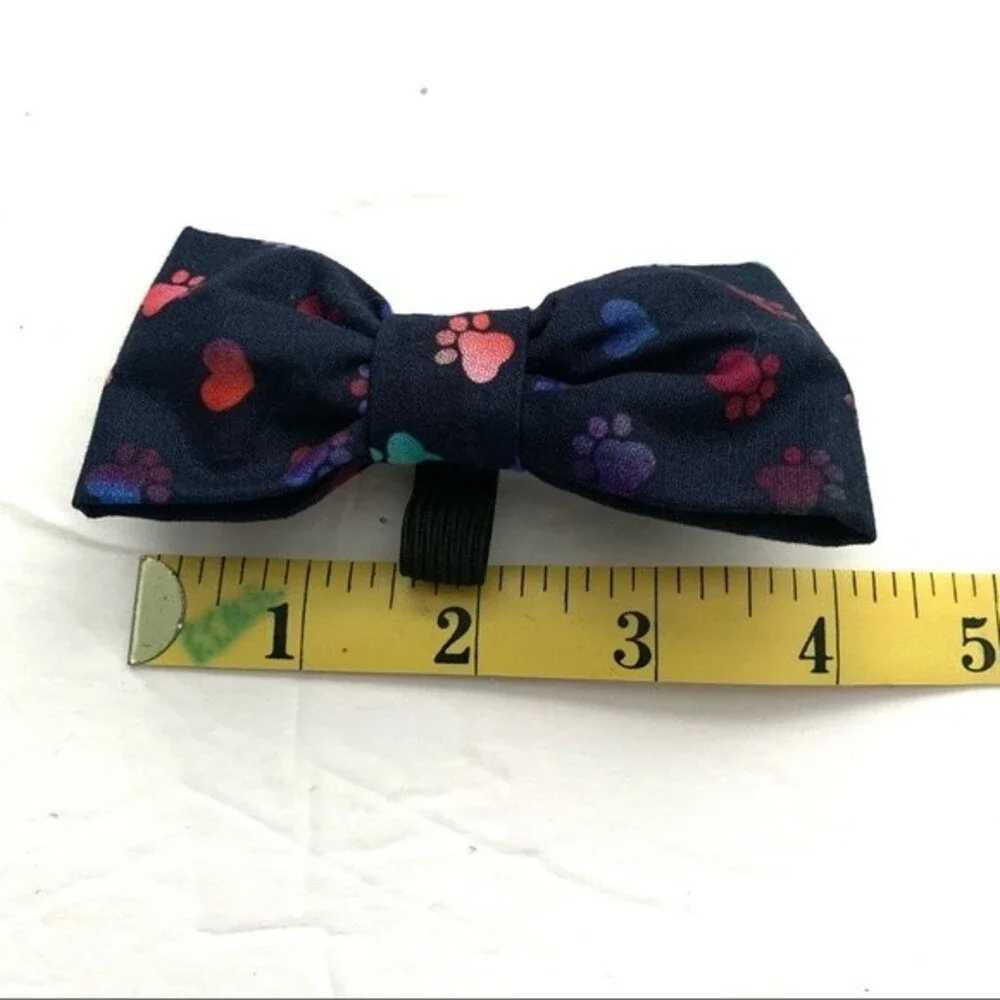 Handmade 1 Dog Bow for Collar Navy w/ Paw Print & Heart Polka Dots 4 x 2 inches